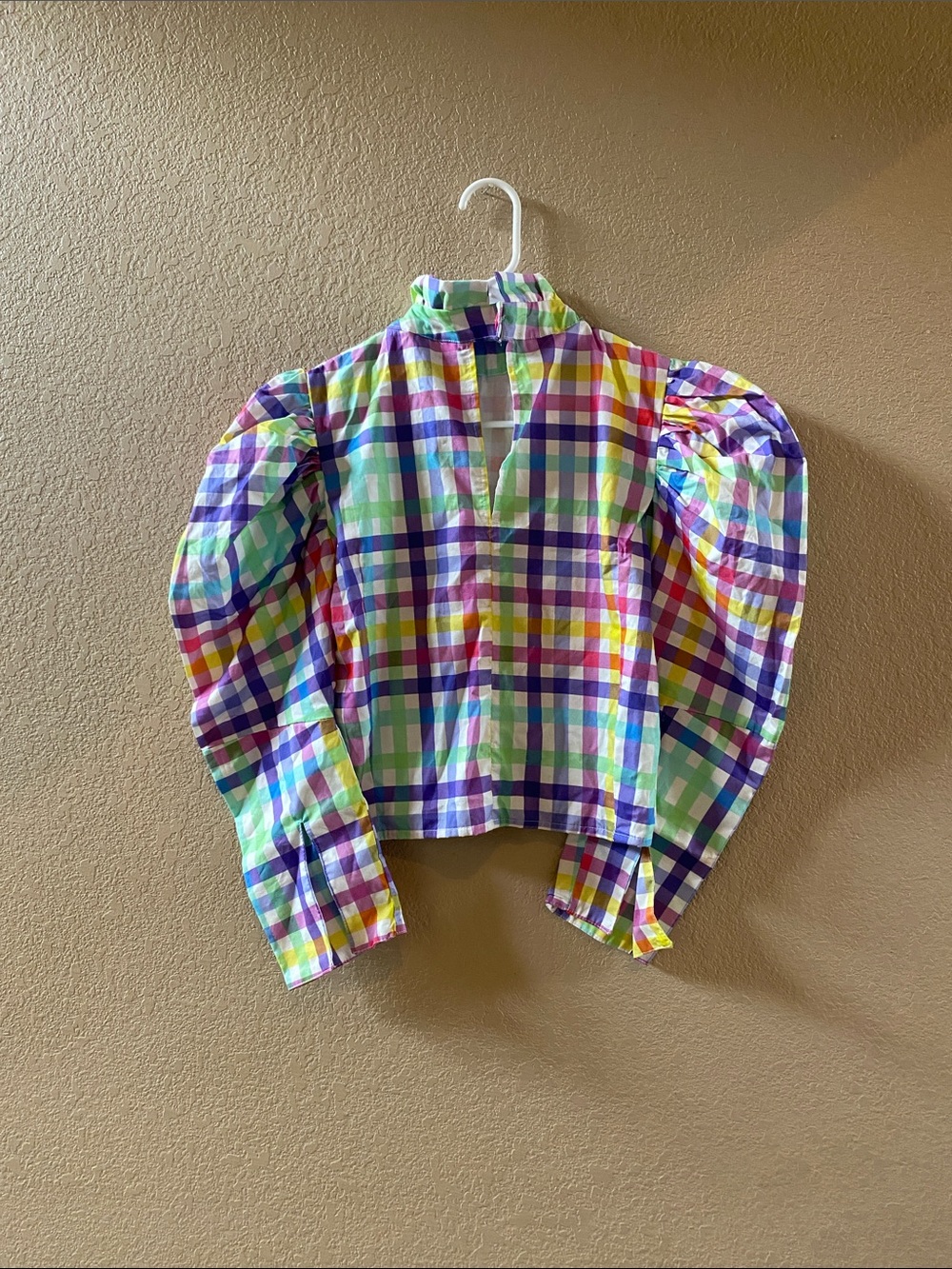 Multicolor Plaid Puff-Sleeve Top - Pink, Purple & Green